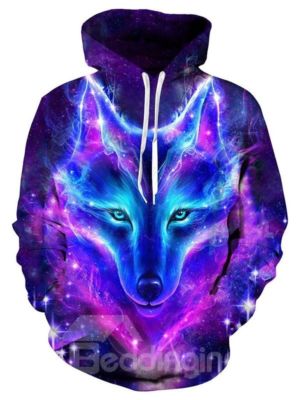 Soft Long Sleeve Dream 3D Galaxy Colorful Wolf Pattern Painted Unisex Loose Hoodie - Image 7