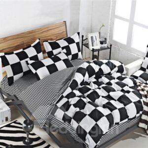 Classic Plaid Zipper Bedding Sets 4-Piece No-fading Soft Washable Black and White Checked Duvet Cover Set