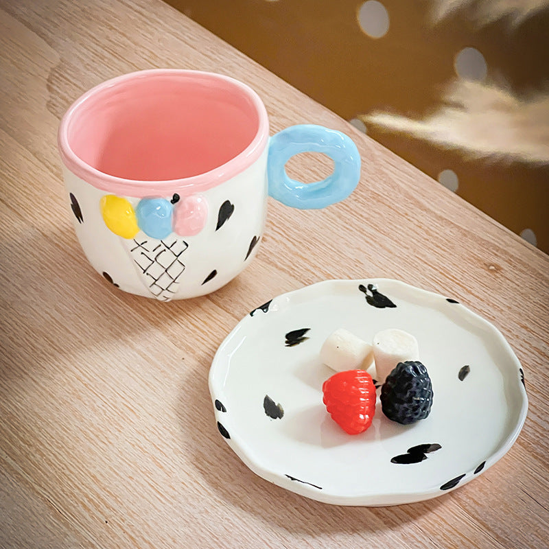 Ceramic Ice Cream Coffee Cup and Saucer Set for Women, 10 Oz Colorful Cute Teacup Set for Latte Tea - Image 6