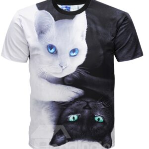 Men Casual 3D Cat Printed Short Sleeve Funny T-Shirts Round Neck Top Tee T-Shirt