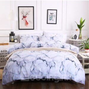 White Marble Printed 3-Piece Polyester Bedding Sets Buffy Zipper Duvet Cover for All Seasons