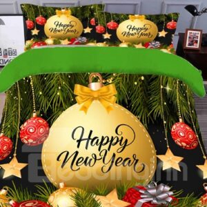 Happy New Year 3D Duvet Cover Set 4-Piece Polyester Christmas Bedding Sets