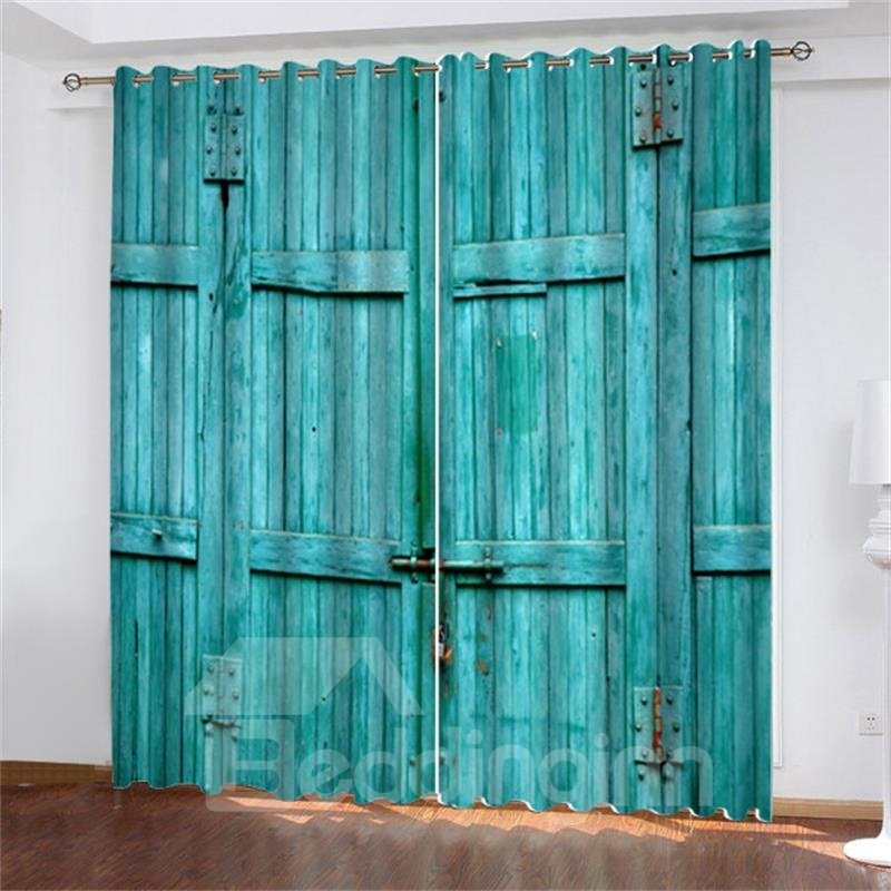 3D Rustic Turquoise Wooden Barn Door Print Blackout and Decorative Curtains Made of 200g/©O Heat Insulation and Water-proof Polyester Machine Washable - Image 5
