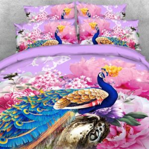 3D Pink Peony and Peacock 5 PCS Comforter Set/Bedding Set 2 Pillowcases 1 Flat Sheet 1 Duvet Cover 1 Comforter Soft Skin-friendly Microfiber