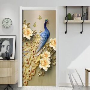 Blue Peacock and Roses 3D Door Mural Window Wardrobe Fridge Sticker PVC Self-adhesive Stickers