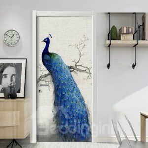 Blue Peacock 3D Door Mural Window Wardrobe Fridge Self-adhesive Sticker PVC Stickers