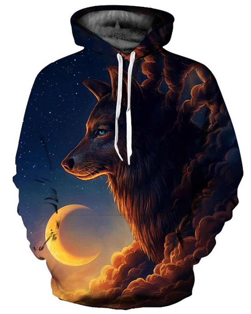 Popular Long Sleeve Wolf Cloud with Moon Pattern 3D Painted Hoodie - Image 4