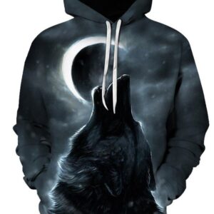 Realistic 3D Digital Print Pullover Hoodie Hooded Sweatshirt Moon and Wolf Design