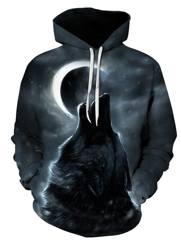 Realistic 3D Digital Print Pullover Hoodie Hooded Sweatshirt Moon and Wolf Design
