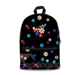 3D Kids School Backpack for Boys & Girls Flowers and Butterflies with Black Bottom Color Print Design?