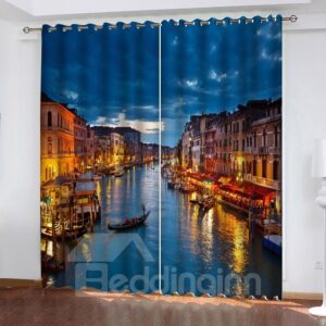 3D Fantastic Venice Night View Print Blackout Curtains 200g/m2 Polyester 70% Shading Rate and UV Rays Environmentally Friendly Printing and Dyeing No use of Chemical Auxiliary