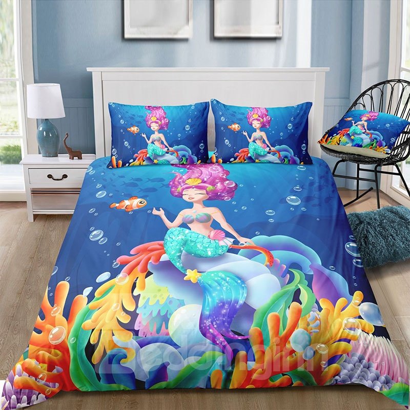 Coral and Mermaid 3D Cartoon 3-Piece Blue Duvet Cover Set with 2 Pillowcases - Image 3