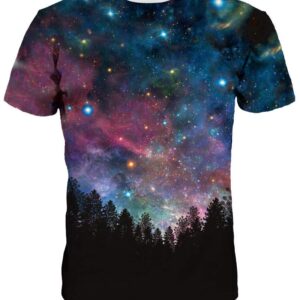 Modern Round Neck Blue Galaxy and Tree Pattern 3D Painted T-Shirt