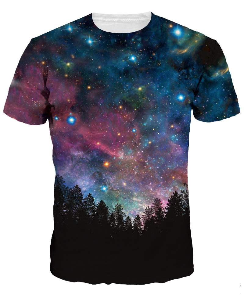 Modern Round Neck Blue Galaxy and Tree Pattern 3D Painted T-Shirt - Image 3