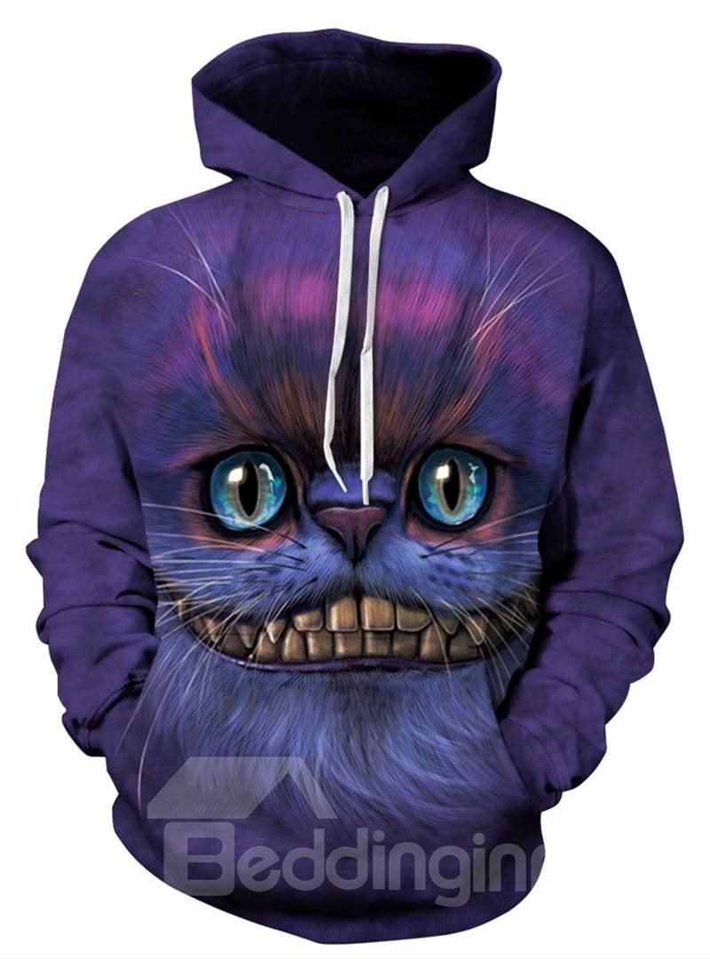Cool Long Sleeve Creative Cat Face Pattern Pocket 3D Painted Hoodie
