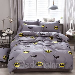 Cartoon Bats Duvet Cover Soft 4-Piece Washable Grey Bedding Sets