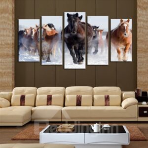 Brown and Yellow Running Horses 5-Panel Canvas Hung Non-framed Wall Prints