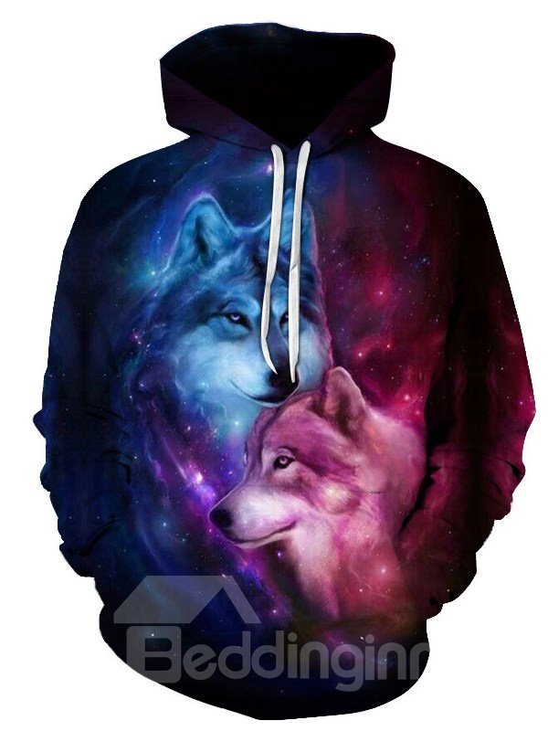 Soft Long Sleeve Dream Galaxy Wolves Pattern 3D Painted Pullover Hoodie - Image 4