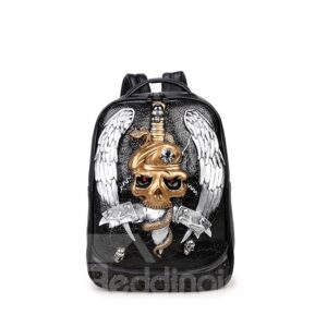3D Snake Sword Studded College Backpack PU Leather Rucksack Shoulder Bag