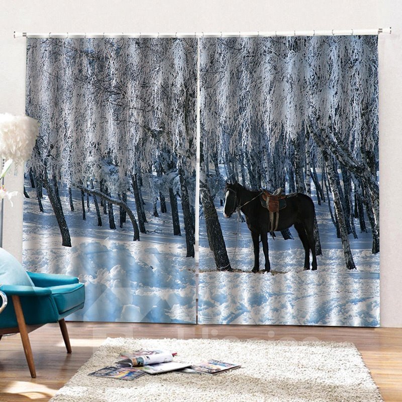 3D Realistic Print Blackout and Decorative Curtains with Horse and Snow Design - Image 2