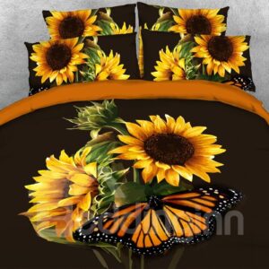 Sunflowers and Butterfly 3D Comforter Soft Lightweight Warm 5-Piece Floral Comforter Set/Bedding Set Microfiber