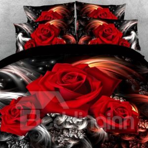 3D Romantic Red Roses 5-Piece Comforter Set Soft Lightweight Warm Floral Comforter/Bedding Set Microfiber