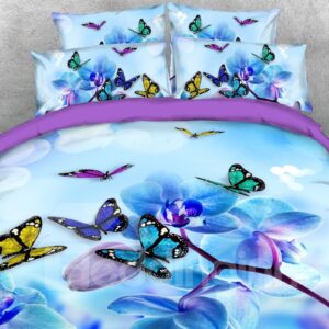 Butterflies and Magnolia 3D Comforter Soft 5-Piece Animal Print Bedding Sets Lightweight Warm Comforter Blue Purple
