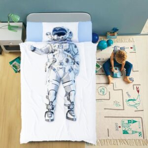 3D Astronaut 4-Piece Duvet Cover Set Blue Space Wear-resistant Breathable High Quality 60s Cotton Satin Boys Bedding