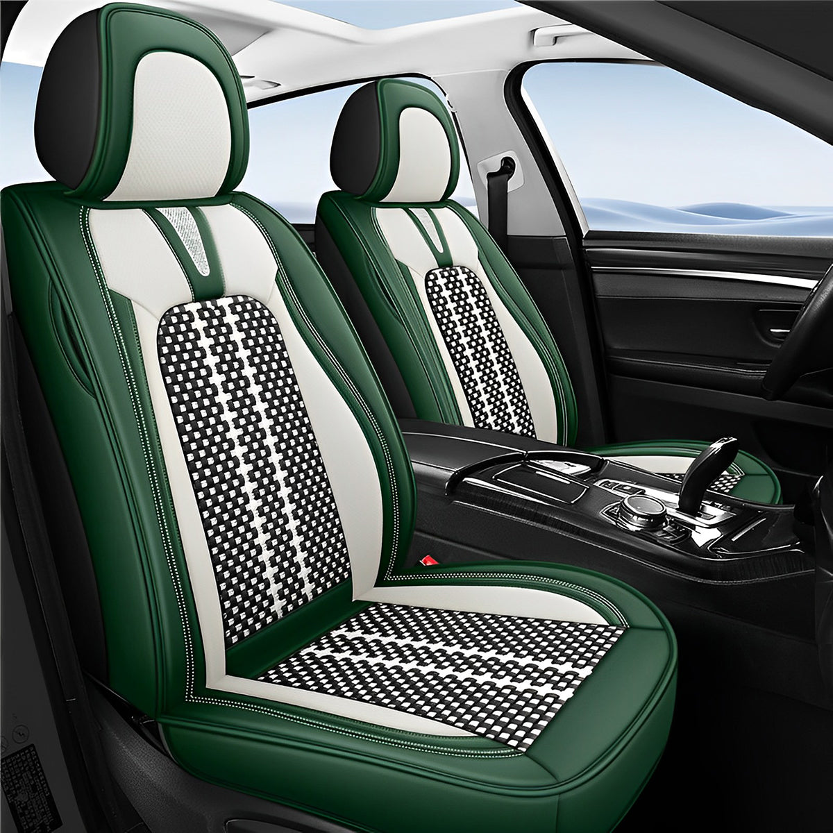 Universal Fit Car Seat Covers for 5 Seat Sedan SUV, Cooling Fabric and Faux Leather, Checkered Pattern - Image 6