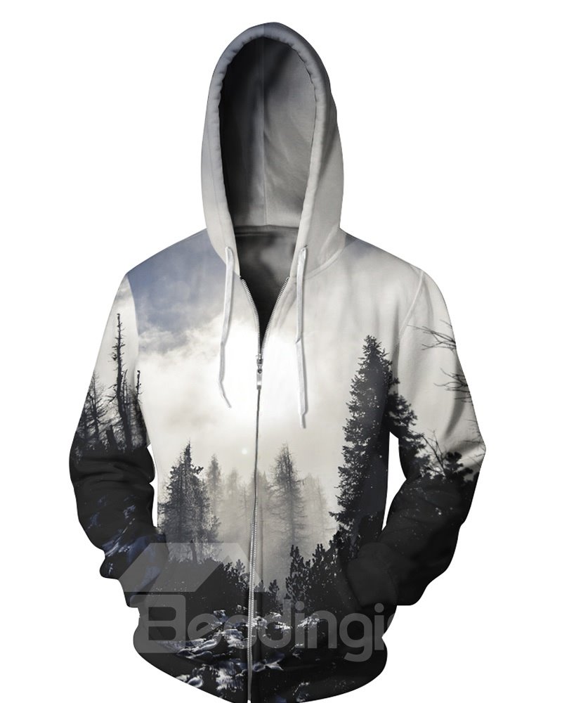 3D Fog Forest Cloudy Print Big Pockets Zipper Hoodies - Image 3