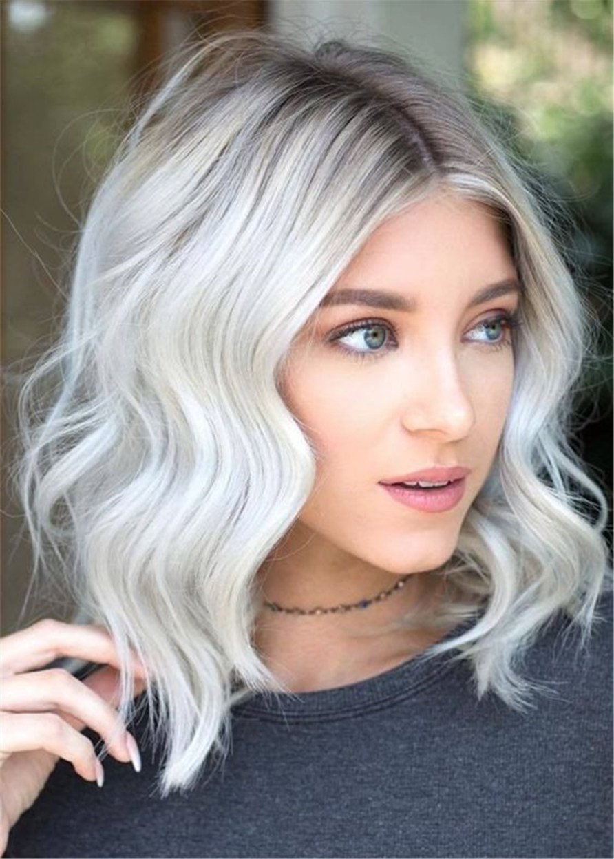 Medium Wavy Bob Synthetic Gray Hair Capless Women 14 Inches 130% Wigs - Image 2