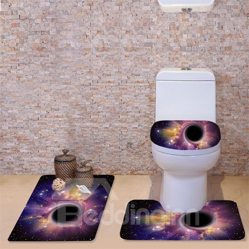 3D Purple Spiral Galaxy Printed Flannel 3-Piece Black Toilet Seat Cover