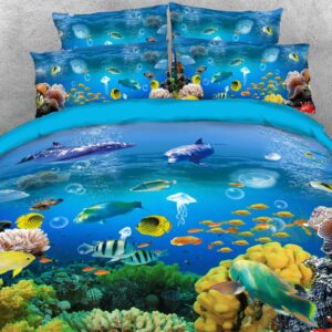 US Only Underwater Fish 3D 4-piece Duvet Cover Set/Bedding Set Durable Reactive Printing Zipper Duvet Cover with Ties No-fading Soft Blue