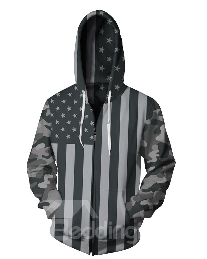 3D Black American Flag Print Cool Hoodies Pockets Zipper Jacket - Image 3