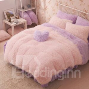 Pretty Princess Style 4-Piece Fluffy Duvet Cover Soft Plush Girls Purple Bedding Set