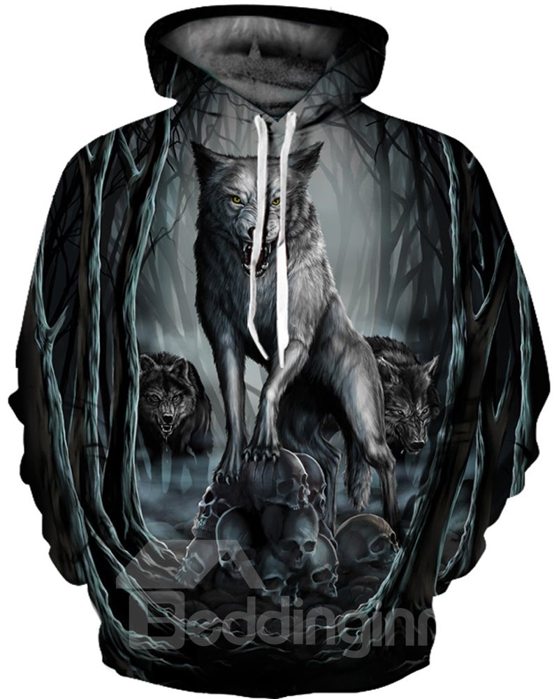 Long Sleeve Monsterwolves Pattern Front Pocket 3D Painted Hoodie - Image 3
