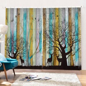 Tree and  Deer 3D Printed Curtains Imitation Wood Blackout Curtains Custom 2 Panels Drapes for Living Room Bedroom No Pilling No Fading No off-lining Polyester