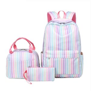 Girls Kids 3PCS School Backpacks Stripe Print Waterproof Bag Set Elementary School Bags Bookbag