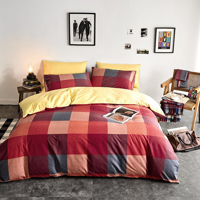 Red Plaid Pattern 4-Piece Bedding Set/Duvet Cover Set 1 Duvet Cover 1 Flat Sheet 2 Pillowcases Soft Comfortable Durable Cotton Christmas Gift - Image 5