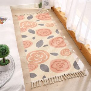 Ethnic Floral Small Area Rug Carpets Mats Rectangle Hand Woven Fringe Modern Washable for Bedroom Doorway Bathroom Living Room Bathroom Laundry Room