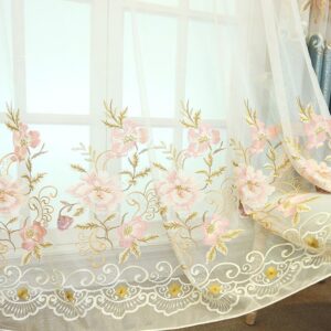 Beige Floral Embroidery Sheer Curtains Noble and Elegant for Living Room Bedroom Window Decoration Custom 2 Panels Drapes Breathable Voile Drapes