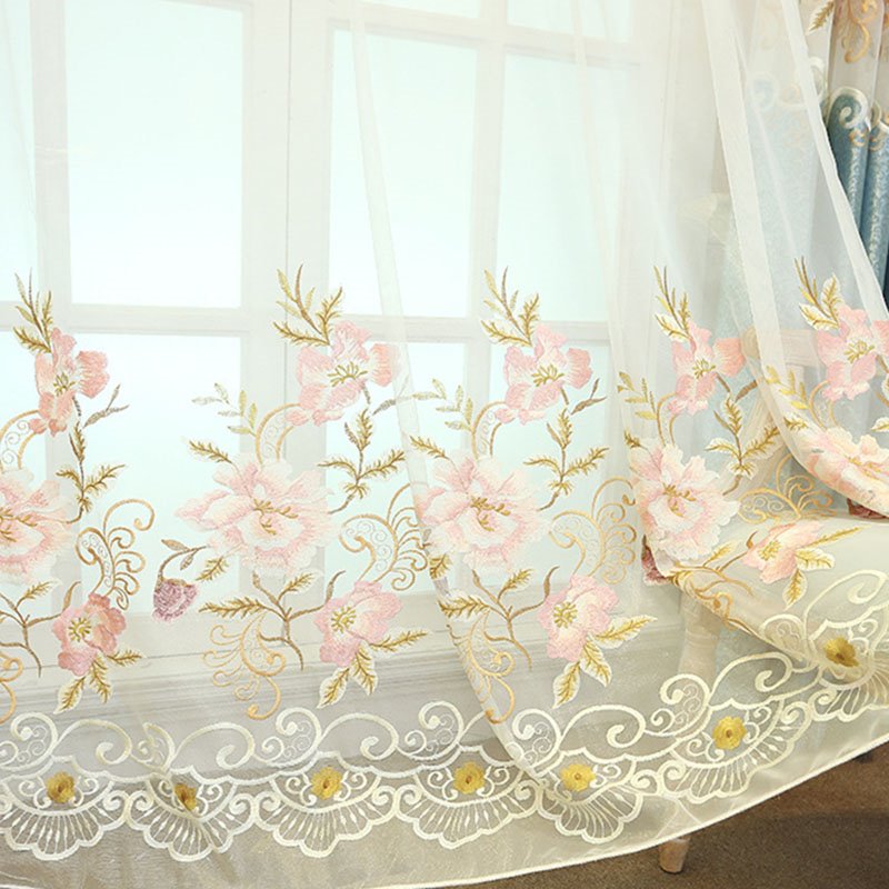 Beige Floral Embroidery Sheer Curtains Noble and Elegant for Living Room Bedroom Window Decoration Custom 2 Panels Drapes Breathable Voile Drapes - Image 6