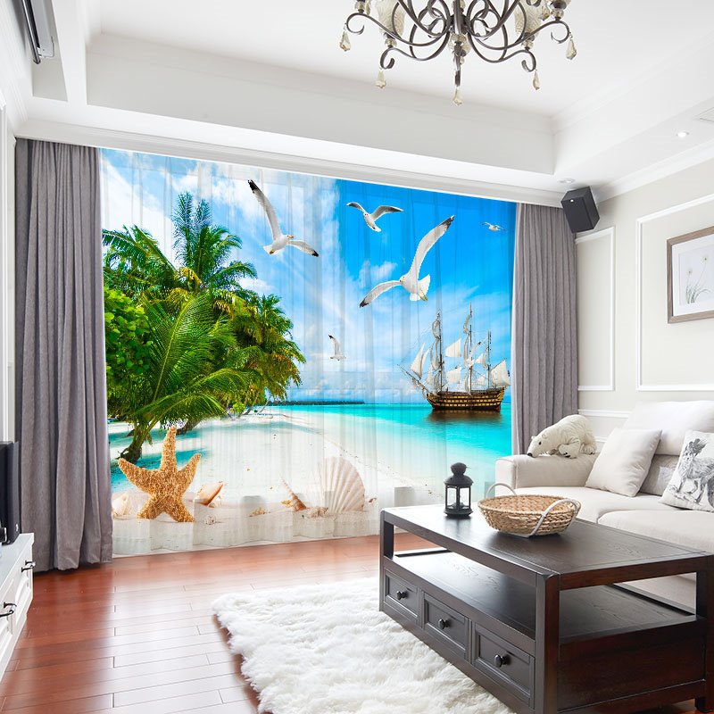 3D Beach View Decoration Chiffon 2 Panels Sheer Curtains for Living Room 30% Shading Rate No Pilling No Fading No off-lining - Image 7