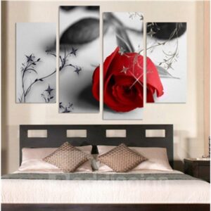 Red Rose Hanging 4-Piece Canvas Waterproof and Eco-friendly Romantic Non-framed Prints