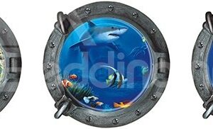 Natural Style Fishes Dolphins and Turtles Round 3-Piece 3D Blue Waterproof Wall Sticker