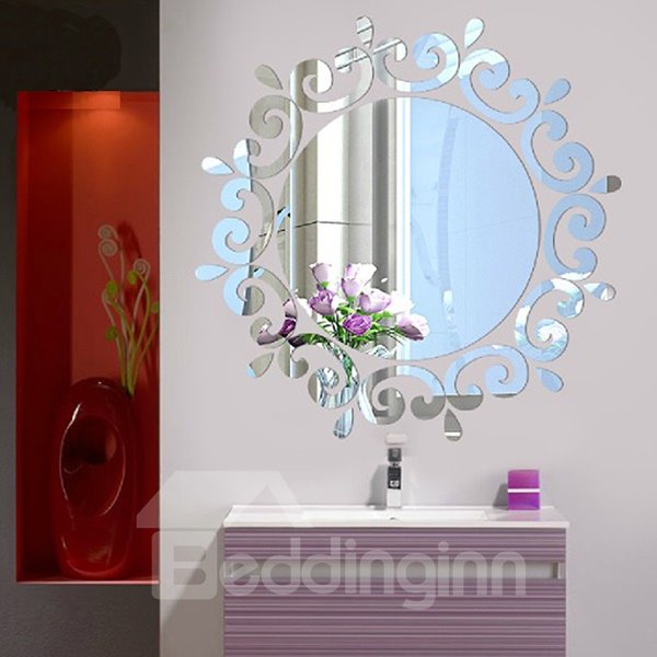 Silver/Golden Round Mirror with Frills Acrylic 3D Waterproof Wall Sticker - Image 2