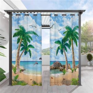 Modern 3D Printed Outdoor Curtains Sea Scenery Cabana Grommet Top Curtain Waterproof Sun-proof Heat-insulating 2 Panels