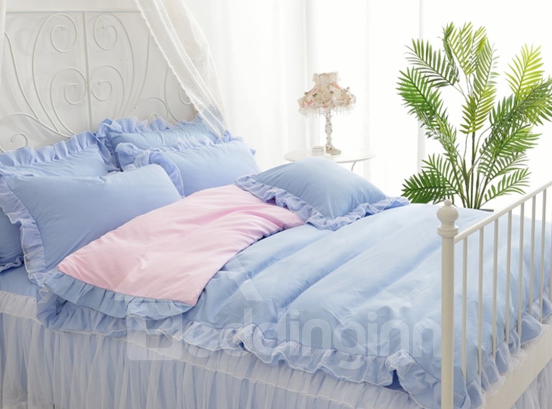 Blue And Pink Lace Simple Style Cotton Girl 4-Piece Bedding Sets/Duvet Cover - Image 2