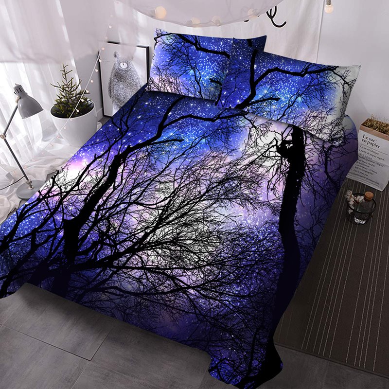 Starry Purple Sky and Black Tree 3-Piece Comforter Set with 2 Pillowcases, Microfiber Galaxy Comforter - Image 3
