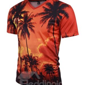 Short Sleeve Coconut Trees V-Neck 3D Pattern T-Shirt